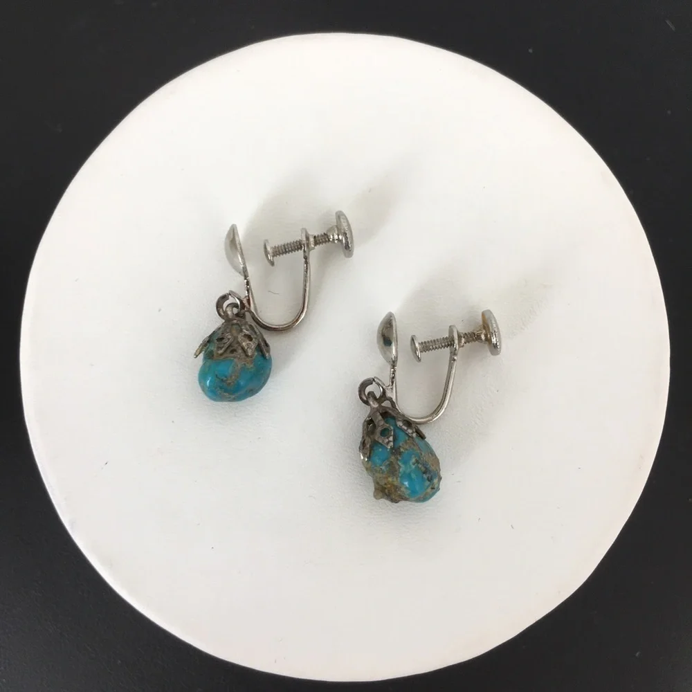 Vintage Screw Back Blue Moon Turquoise Dangle Earrings Silver Tone Filigree